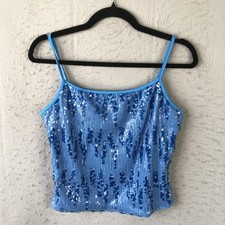 Sequin Tank Top Womens M Blue Adjustable Strap Camisole Party Clubwear Festival