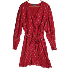 Sosandar Dress Size UK 16 Red Metallic Spot Faux Wrap Belted Sparkle Long Sleeve