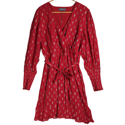 Sosandar Kleid Gr. UK 16 Rot Metallic Punkte Faux Wickelgürtel Glitzer Langarm