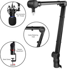 Rockjam Professional Microphone Stand Boom Arm with Cable Management - Black