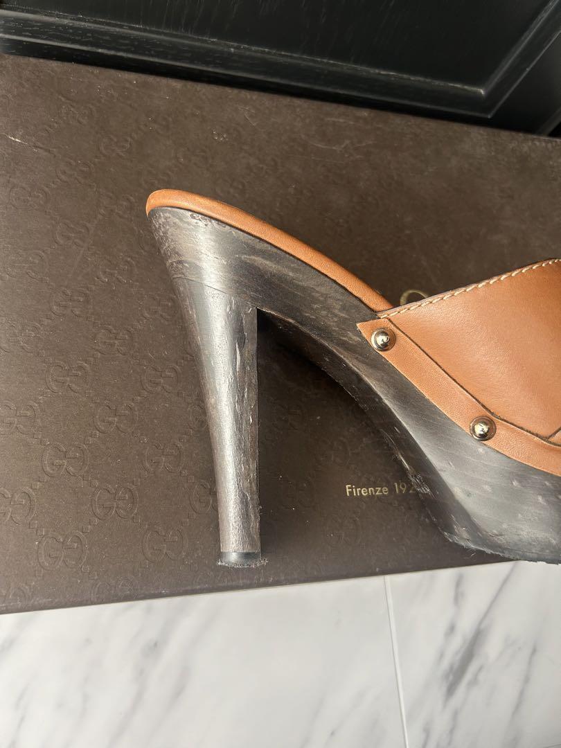 GUCCI Brown Leather Horsebit Mules Sandals with Heels, Size
