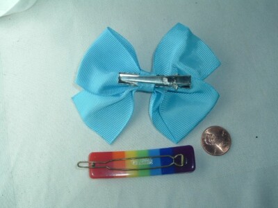 VINTAGE AQUA BLUE RIBBON HAIR CLIP BOW & PLASTIC RAINBOW 