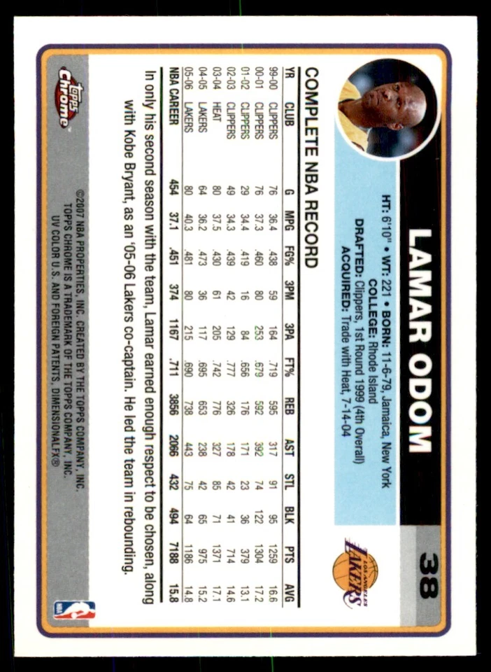 2006-07 Topps Chrome Lamar Odom Basketball Cards #38 - Image 2 of 2