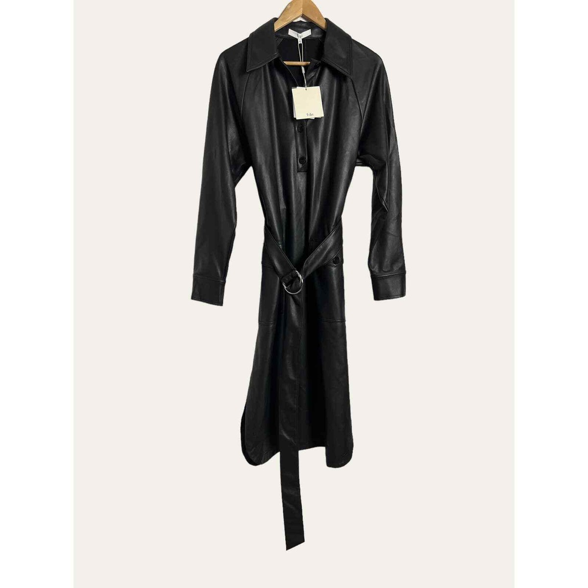 tibi leather dress TIBI Womens Brown Faux-Leather Belted Midi Long Sleeve Shirt Dress US4 S NEW