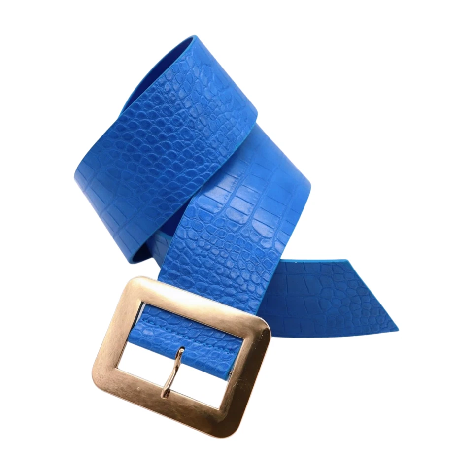 Mujeres Azul Ancho Imitación Cuero Piel Animal Sello Cinturón Cuadrado Dorado Metal Hebilla S M Foto 2 de 4