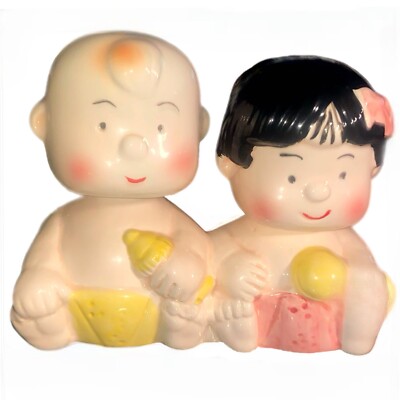 DOUBLE TROUBLE Ceramic Pair of Twin Baby Boy and Girl Bobblehead Nodder