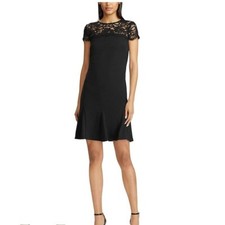 Ralph Lauren Women 2 Black Lace Short Sleeves Knee Length Dress NWT CY47