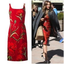 🆓US🛃  SS2015 Dolce&Gabbana carnation floral printed red cady dress IT 38
