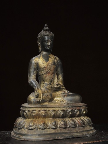 10" Old Antique Tibet Tibetan Buddhism temple Bronze gilt Amitabha Buddha statue - Picture 7 of 9