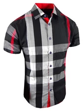 Plaid Shirt Designer Short Sleeve Mens SLIM FIT Stretch Stripe Button Up Dress