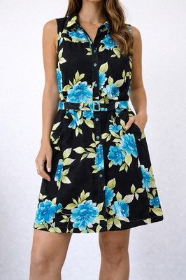 White Stag Floral Shirt Dress Women s Sleeveless Belted Button Front Pocket