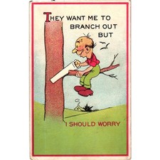 Vintage Comic Linen Postcard Branch Out Tree Sawing Humor Made in USA Unposted