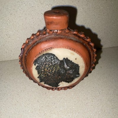 Vintage Hand Paint Buffalo Carving Resin Red Leather Wrapped Bottle Collectible