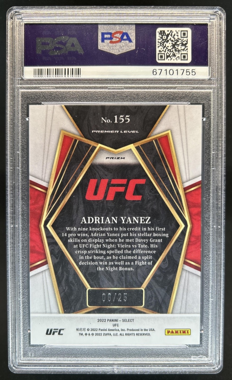 2022 Panini Select UFC Adrian Yanez RC Tie Dye Prizm Premier Level #/25 PSA 10 view 2