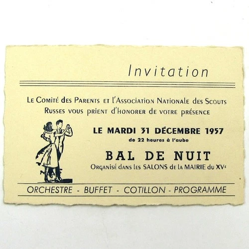 INVITATION Ball de Nuit SCOUTS RUSSES Mairie XVe Paris Réveillon 1957 cotillons