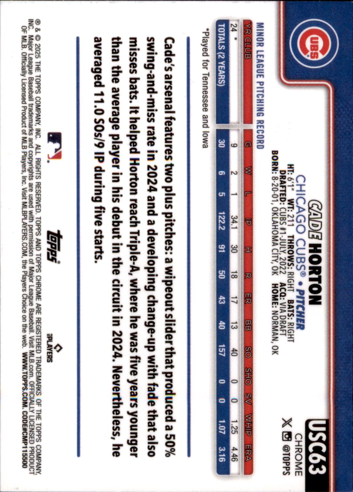 2025 Topps Chrome Update #USC63 Cade Horton Refractors