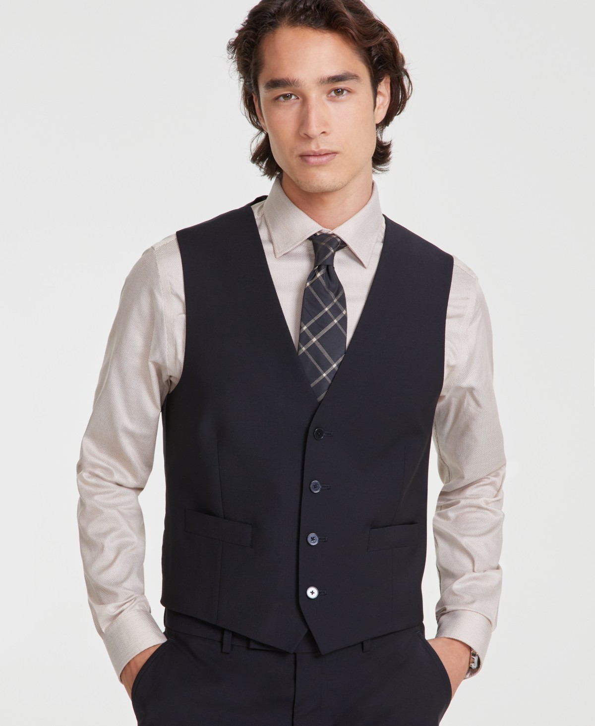 Calvin Klein Mens Slim fit Button-Up Suit Vest Large Black Solid Stretch