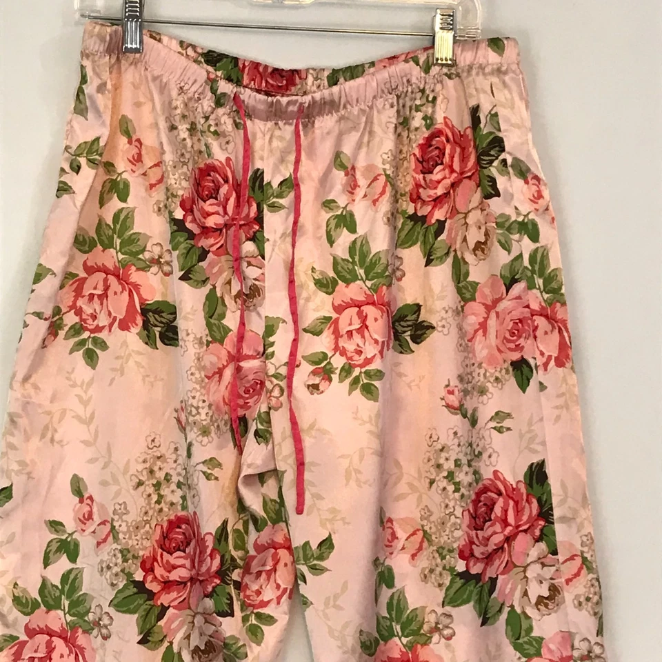 Adonna 女式大号粉色花卉缎面 2 件套睡衣、上衣裤子、Cottage Rose,尺寸 L — 第 3/4 张图片