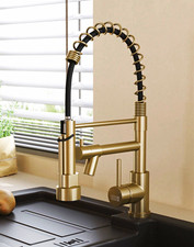 Living Home Gold Pull-Out High Arc Kitchen Tap, Single Lever, Deck Mounted