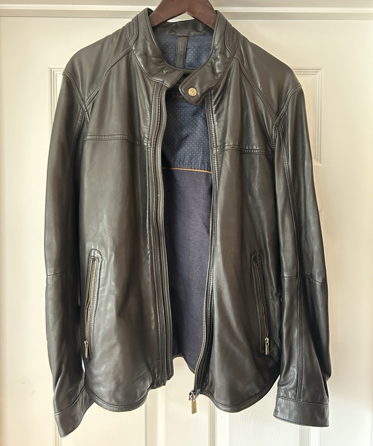 Massimo Dutti Men’s Black Leather Biker Jacket L Stand-Up Collar Lined