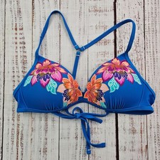 Time and Tru Blue Tropical Floral Embellished Wireless Push Up Bikini Top Small