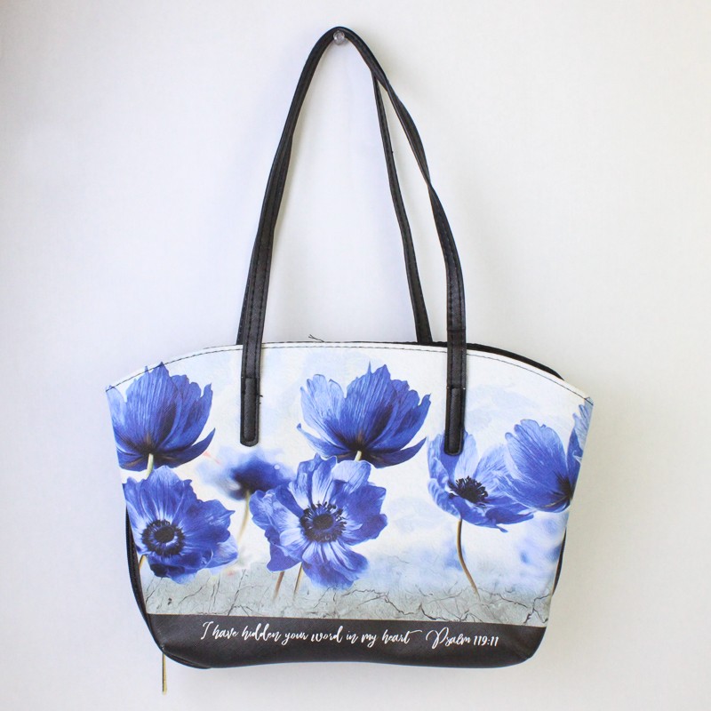 Psalm 119:11 Bible Cover Wedge XL Blue Floral Black Padded Zipper