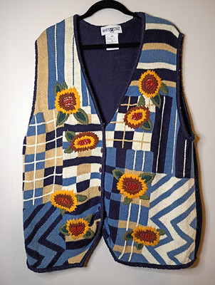 Vintage White Stag Women's Plus 22W Knit V-Neck Floral  Sweater Vest