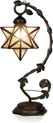 Star Glass Table Lamp, Vintage Style Table Lamp, 8X10X20 Inch   Bronze Metal Lea