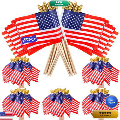 Blissfultie 100Pcs Small American Flags On Stick Handheld 8 X 5.5 Inchs Mini