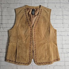 Vintage Outbrook Camel Leather Embroidered Floral Vest Tan Womens XL