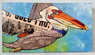 Flying pelican original collage art using various Louisiana related paper 11x6