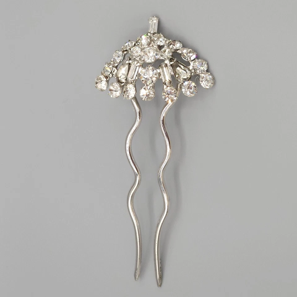 Vintage Baguette Pear Round Clear Rhinestone Rhodium Plate Hair Fork Comb Pin - Image 3 of 4