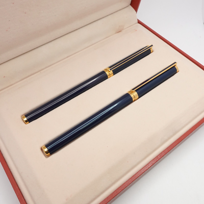 S.T Dupont 18K Yellow Gold Nip Blue Fountain & Roller Ball Pen Set