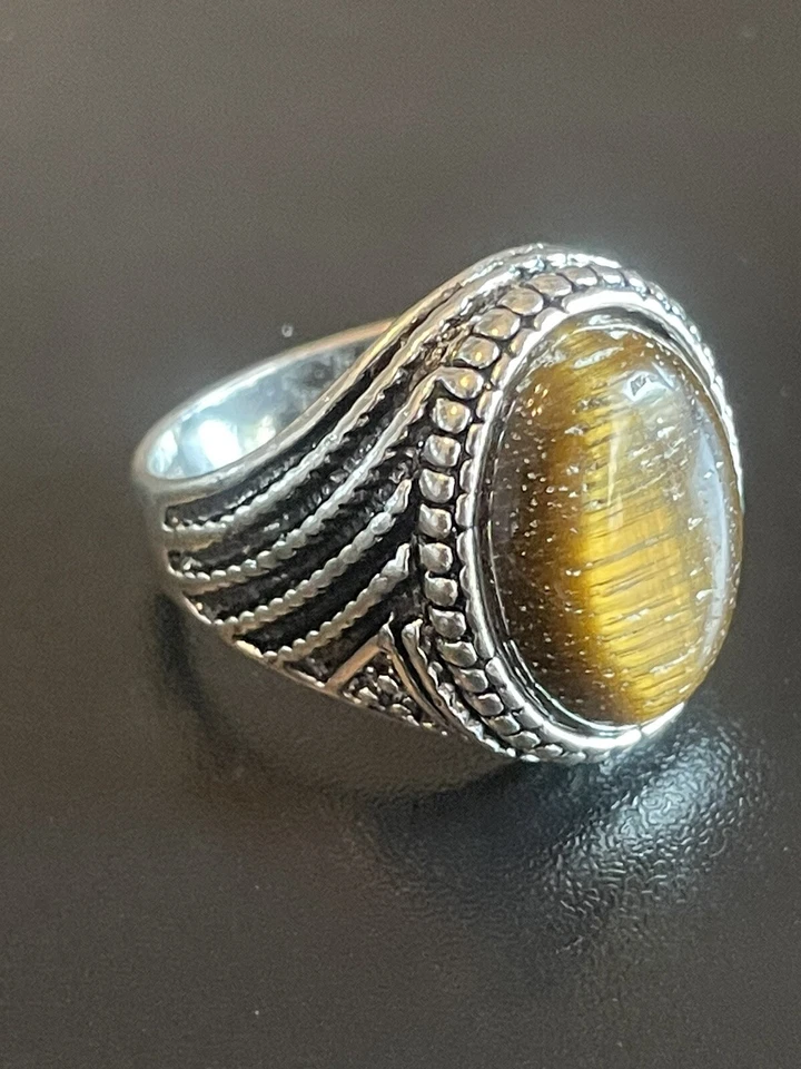 Piedra de ojo de tigre natural S925 plateado anillo llamativo para hombre talla 10 Foto 2 de 4