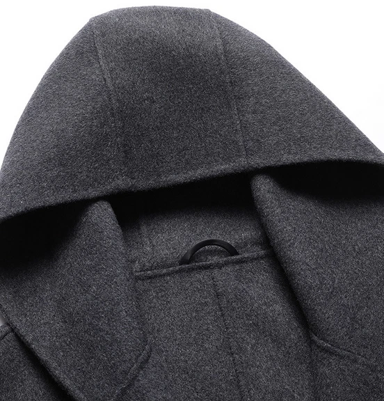 Abrigo de lana de doble cara para hombre Abrigo de longitud media Rompevientos Chaqueta de cachemir con capucha Foto 4 de 4
