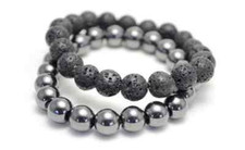 Set of 2 Black Lava Rock  Hematite Beaded Stretch Gemstone Bracelet sz 7.5"