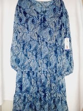 Joie Dress 2xl Blue Floral Long Sleeve  Tea Length 12" Ruffle Ruched In Back 