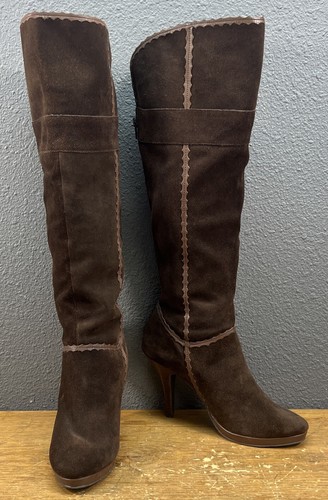 Reba Womens Over the Knee Boots Brown Suede High Heel Leather Zip Boots 9M - Picture 7 of 14