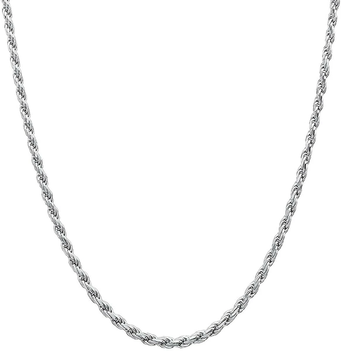 Women Men Unisex 14K Italy White Gold Plated Diamond Cut Rope Chain Necklace 24