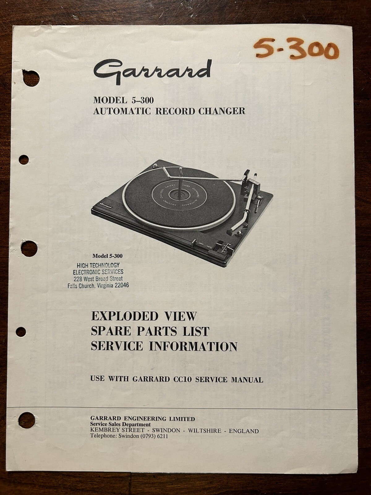 Garrard Model 5-300 Turntable Exploded View OEM Service Manual Info Genuine