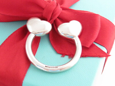 Auth Tiffany & Co Silver Double Heart Hearts Keychain Key Chain Ring