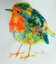 Original painting colorful robin bird art ,home interior nature lover best gift
