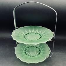 Cake Stand Art Deco Two Tier 10" Stand Cake Sandwich Serving Green Glass Plates