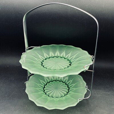 Kuchenständer Art Deco zwei Ebenen 10'' Ständer Kuchen Sandwich Servieren Grün Glasplatten