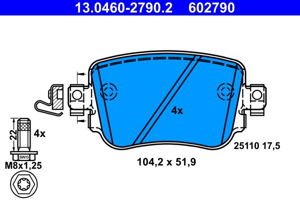 Hinterachse ATE 13.0460-2790.2 Bremsbelagsatz, Scheibenbremse FüR Audi,Seat,Skod-image