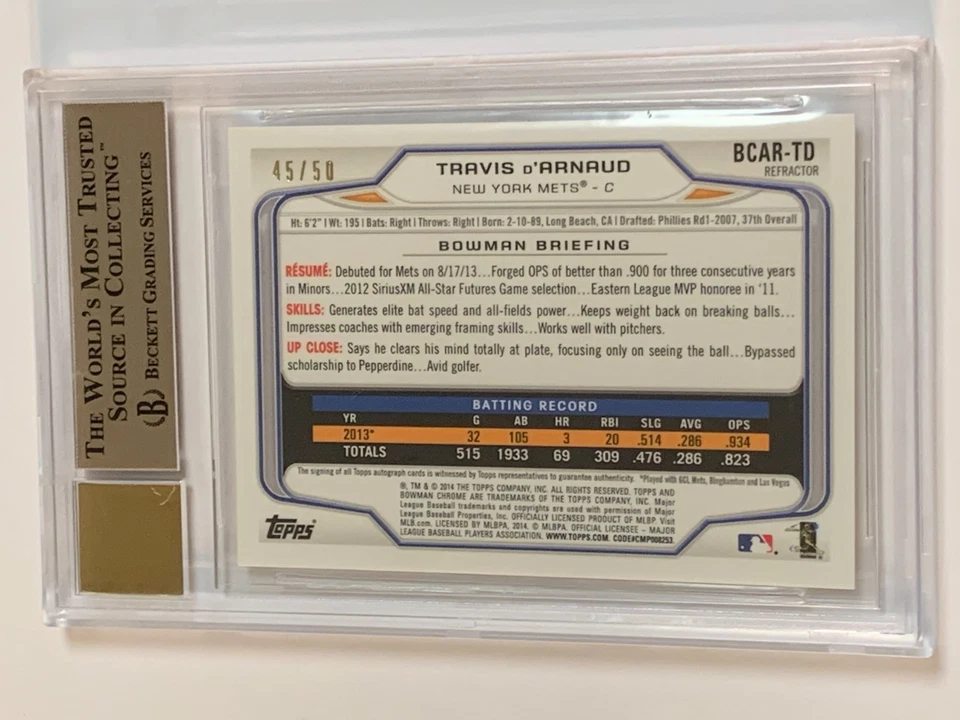 2014 Bowman Chrome Rookie Auto Gold Refractor Travis D'Arnaud /50 RC - BGS 9.5 - Image 2 of 3