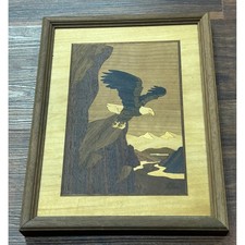 Vintage Wood Inlay Art Hudson River Jeff Nelson Bald Eagle Collectible Framed