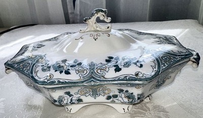 Antique 1897 WH Grindley England Blue-Green Merion Covered Bowl 292397 B