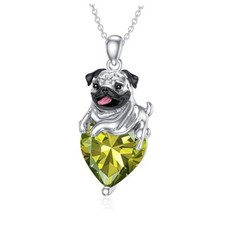 Pug Heart Birthstone Necklace 925 Sterling Silver Pug Dog 08-Aug-Peridot