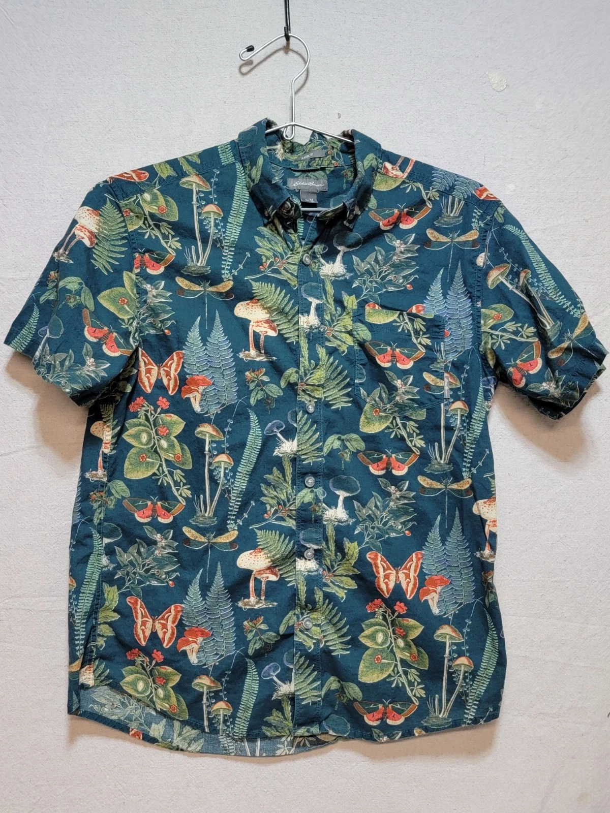 Eddie Bauer Men's Button Up Shirt Blue Med Mushroom Botanical Camp 100% Cotton
